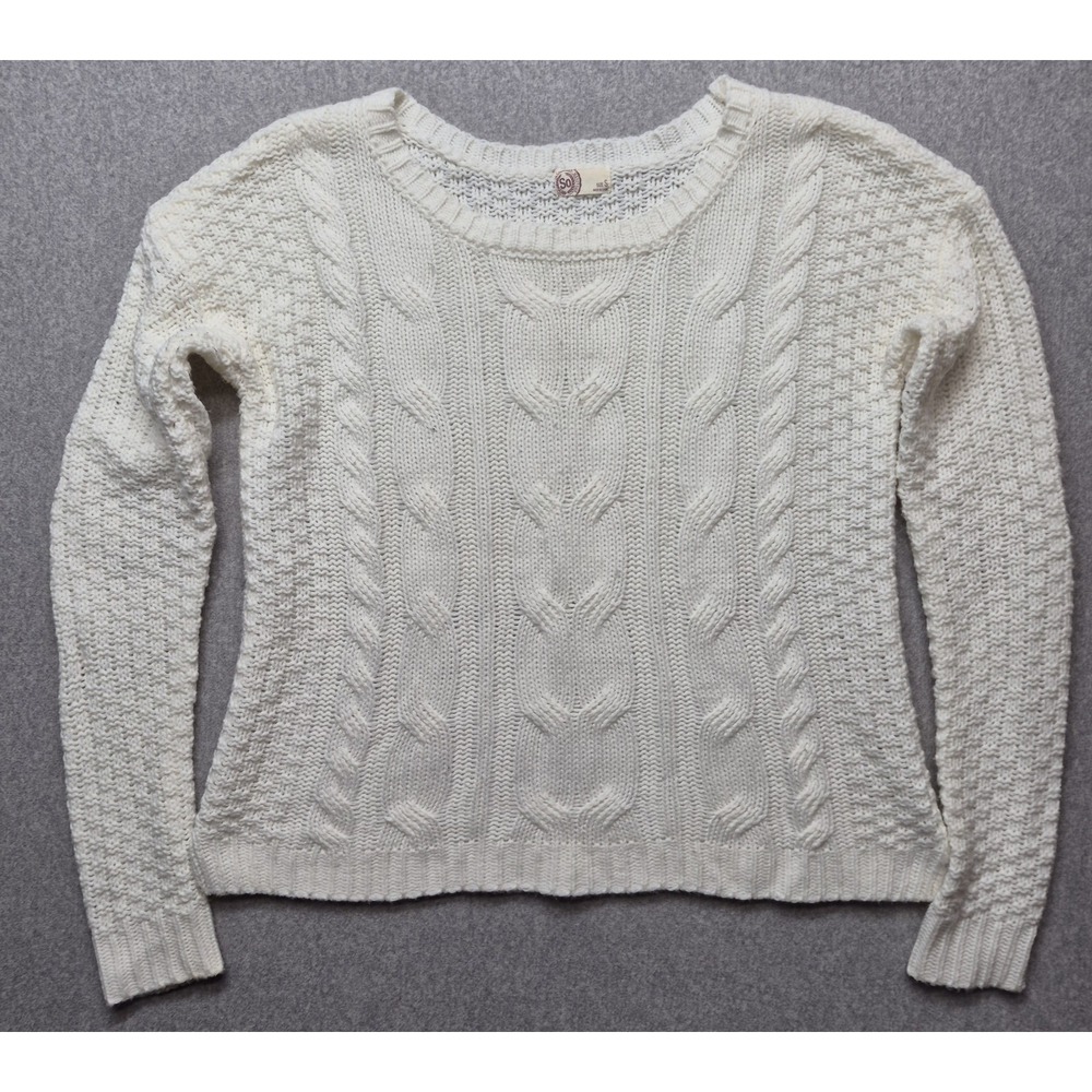 SO Sweater Womens S Cable Knit White Ivory Scoop Neck Chunky Pullover Cozy